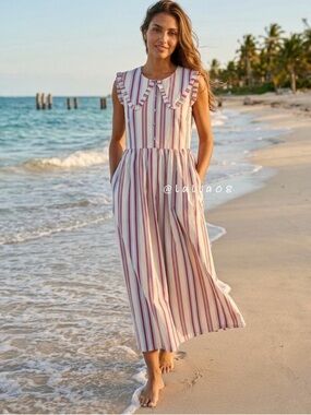 Caroline Constas Striped Ruffle-Collar Maxi Dress